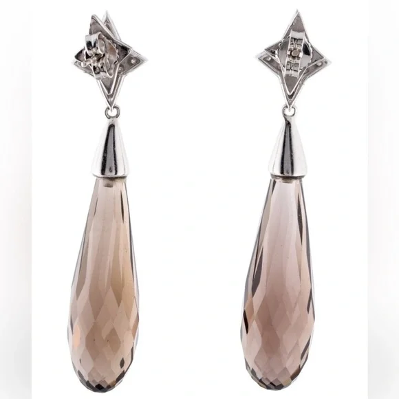 18K Smoky Quartz & Diamond Quartz Earrings - Picture 3 of 3